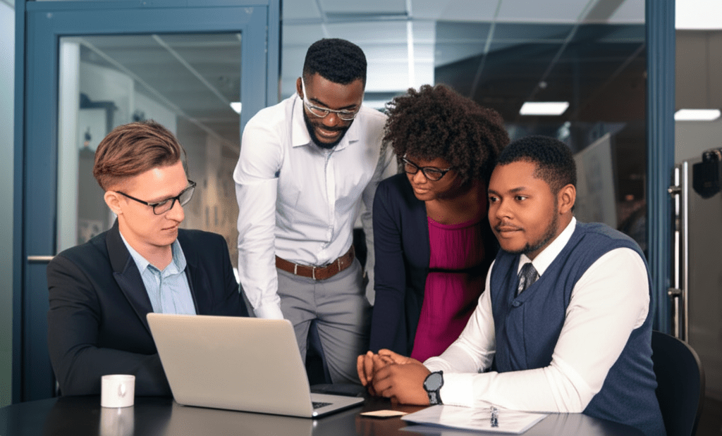 Professional business setting with diverse team of tech leaders discussing strategy around a laptop in a modern office, representing fractional CTO recruitment and leadership in technology for startups and SMEs