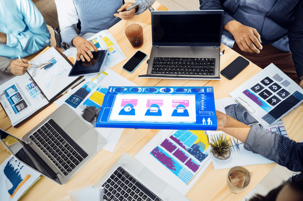 A diverse group of professionals collaborating remotely on technology strategy with laptops and digital devices, representing fractional CTO hiring and tech leadership for startups and SMEs