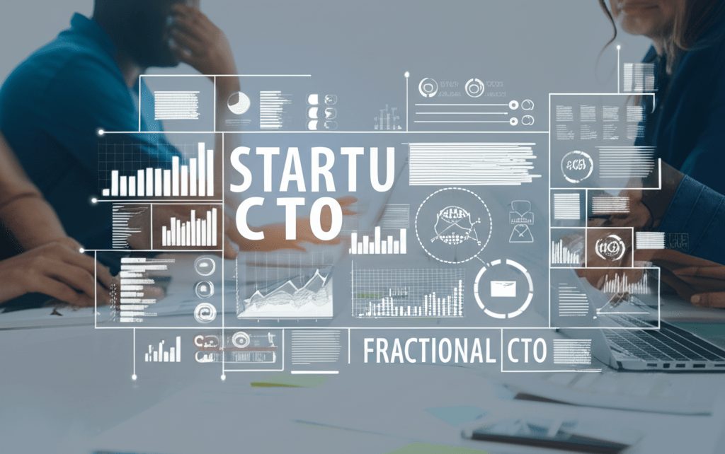 A diverse group of startup founders and a fractional CTO collaborating in a modern business setting with laptops and digital charts, symbolizing technology leadership and startup growth.