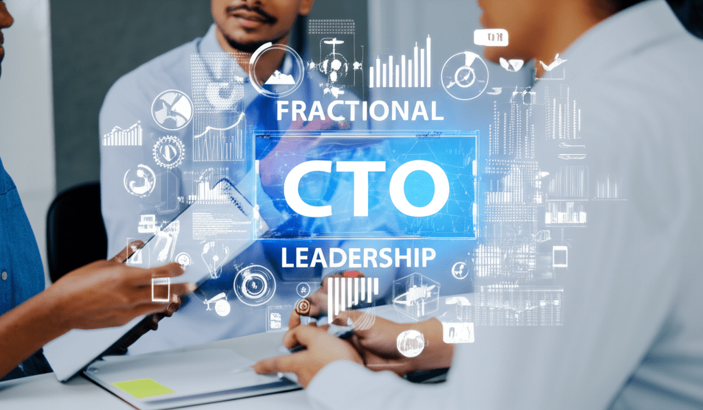 A professional business setting showing a diverse group of startup and SME leaders discussing technology strategy with a fractional CTO in a modern office environment with digital devices and charts in the background representing fractional CTO salary trends and technology leadership in 2025