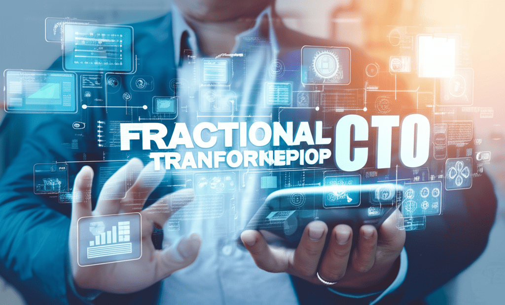A diverse group of startup and SME professionals collaborating with a fractional CTO in a modern business setting, symbolizing strategic technology leadership and digital transformation.
