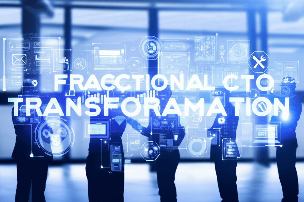 A diverse group of professionals collaborating with futuristic technology interfaces, symbolizing fractional CTO leadership driving innovation and growth in startups and SMEs.