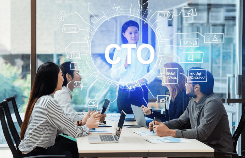 A diverse group of startup founders and a fractional CTO in a modern office environment discussing technology leadership and negotiation strategies.