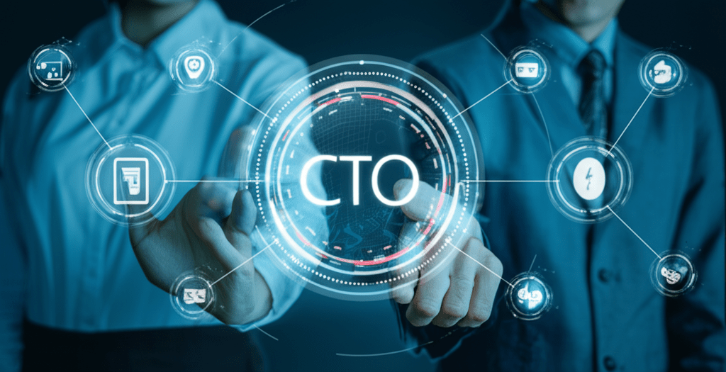 A diverse group of technology leaders collaborating in a modern office with digital compliance and innovation icons, representing fractional CTO services in regulated industries like healthcare and finance.