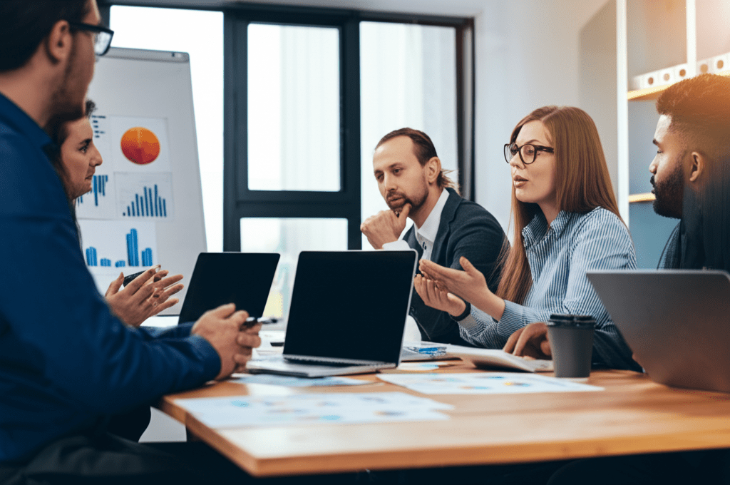 A professional business setting showing a diverse group of startup founders and a fractional CTO discussing equity compensation models, with charts and laptops on the table, modern office environment, collaborative and innovative atmosphere