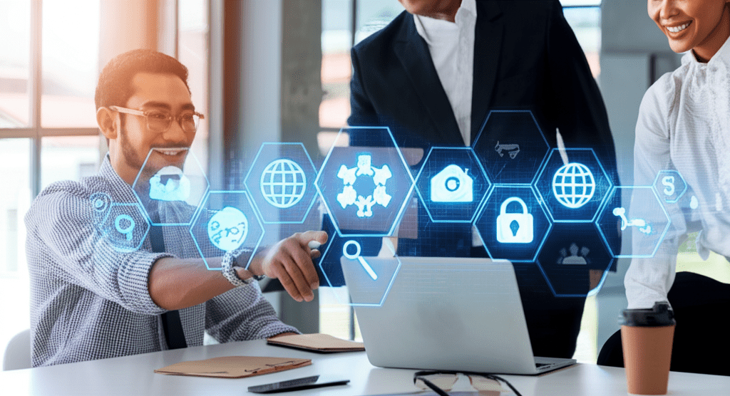 A diverse team of executives and technology leaders collaborating in a modern office, symbolizing fractional CTO outsourcing and strategic tech leadership.