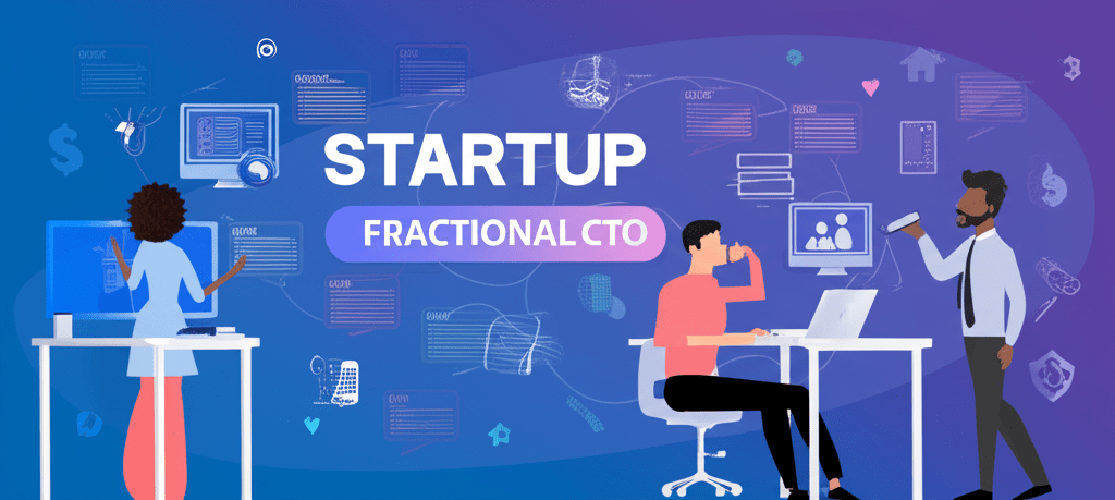 A diverse group of startup and SME professionals collaborating with a fractional CTO in a modern office environment, symbolizing technology leadership and innovation.