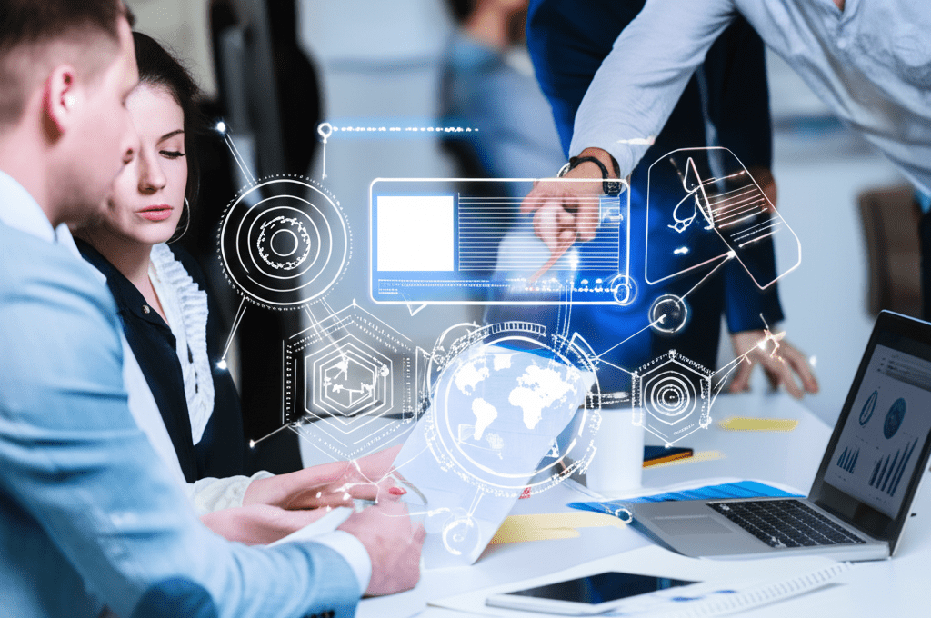 Diverse professionals collaborating in a modern office on digital technology projects, symbolizing innovation and leadership in startups and SMEs driving digital transformation