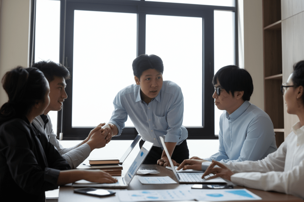 A fractional CTO discussing equity compensation models with startup founders in a modern office setting, showcasing collaboration and innovation
