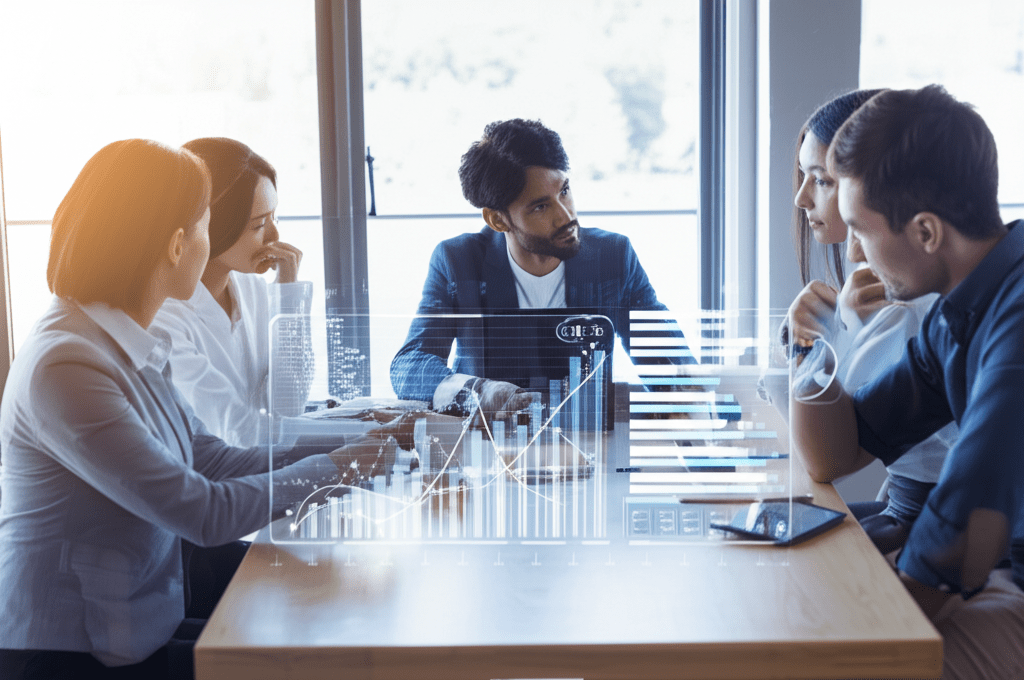 A diverse group of startup and SME leaders collaborating with a fractional CTO in a modern office, symbolizing technology strategy, innovation, and business growth.