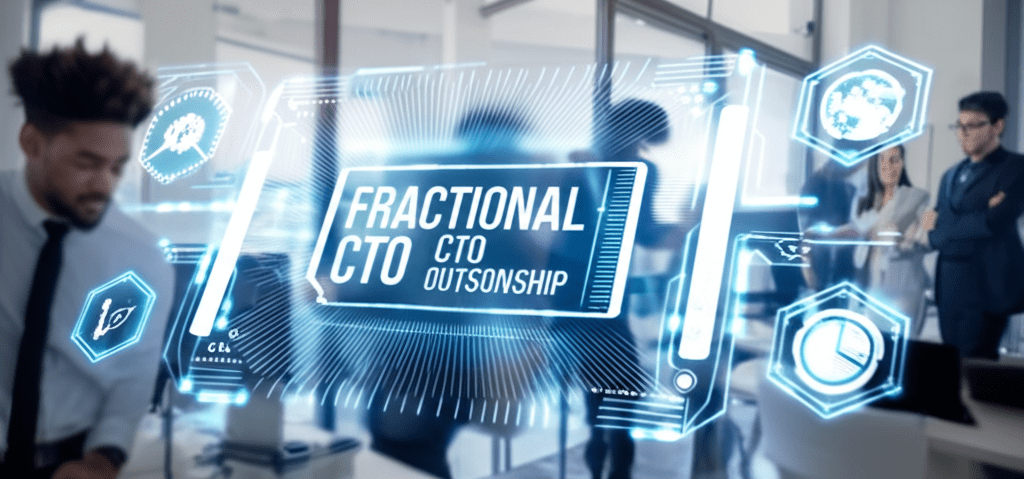 Diverse tech professionals collaborating in a modern startup office with digital interface showing technology and leadership concepts, symbolizing fractional CTO outsourcing and innovation