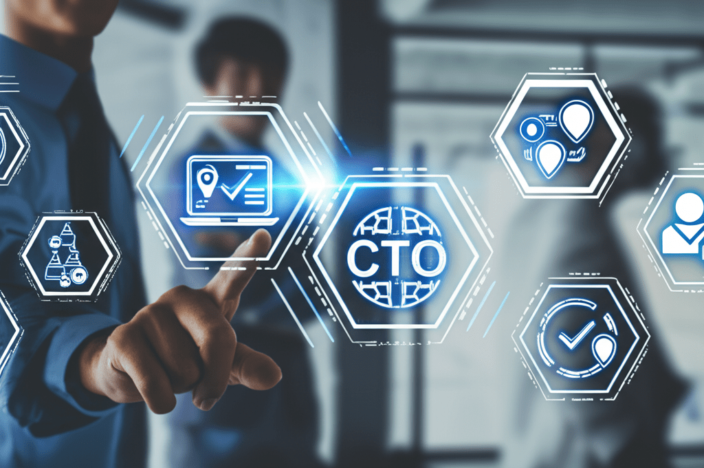 Diverse technology leaders collaborating in a modern office with digital compliance and innovation icons, representing fractional CTO services in regulated industries like healthcare and finance.