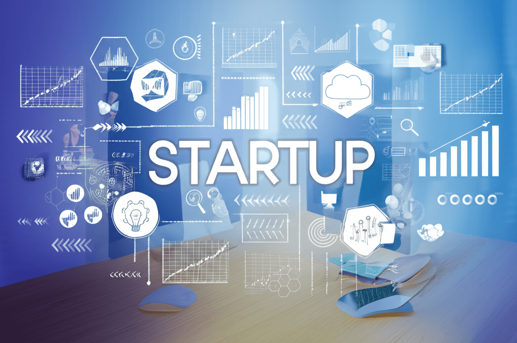 A vibrant representation of technology and innovation in a startup environment.