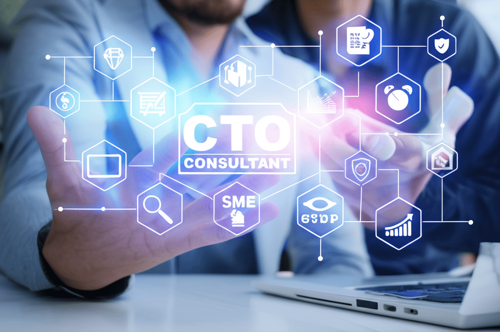 A professional business setting showing a diverse group of startup and SME professionals collaborating with a fractional CTO consultant in a modern office environment with a technology and innovation theme