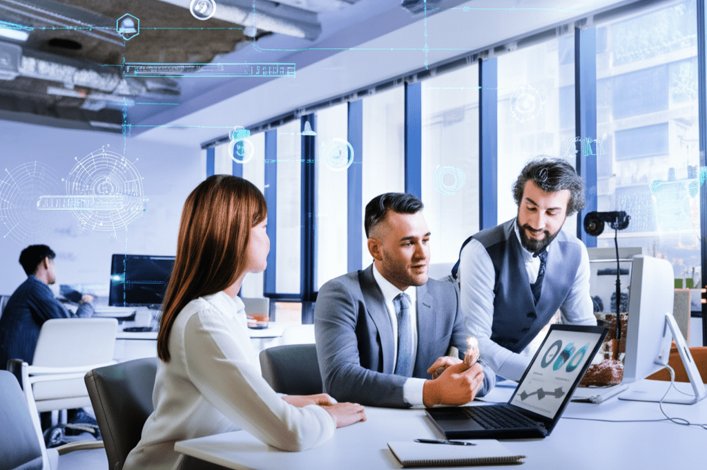 Diverse technology executives discussing strategy in a modern office with futuristic tech elements, representing fractional, interim, and part-time CTO roles
