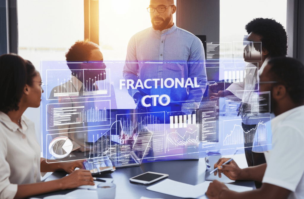 A diverse group of startup and SME leaders discussing technology strategy with a fractional CTO in a modern office environment with digital devices and charts on screens.