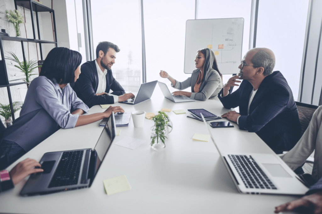 A diverse group of startup founders and a fractional CTO discussing technology strategy around a conference table in a modern office environment