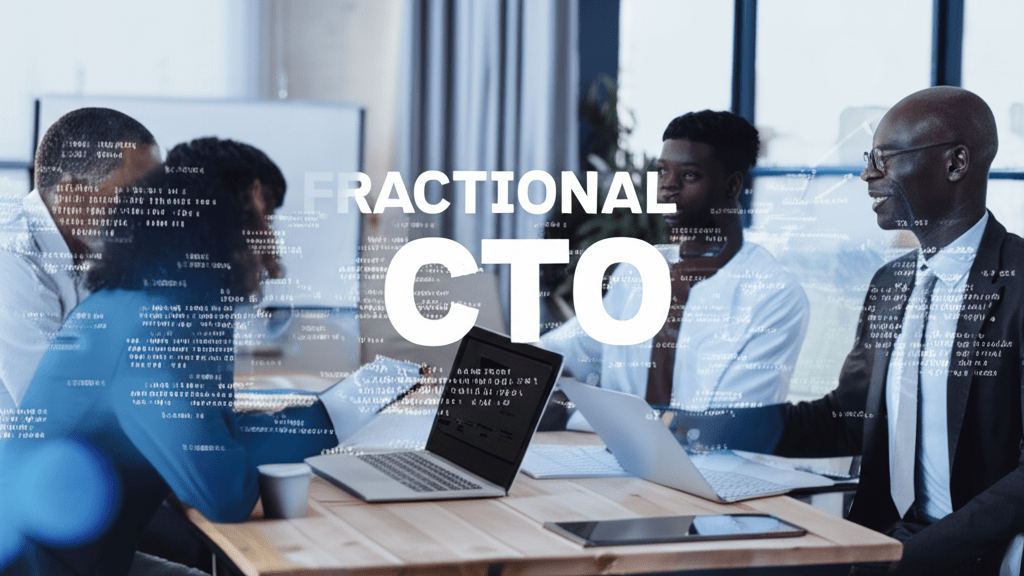 A diverse group of startup and SME leaders collaborating with a fractional CTO in a modern office, discussing technology strategy and innovation for business growth and digital transformation.