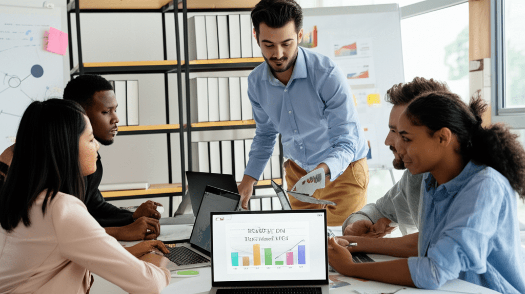 Diverse startup founders and a fractional CTO in a modern office discussing technology strategy around laptops and digital devices