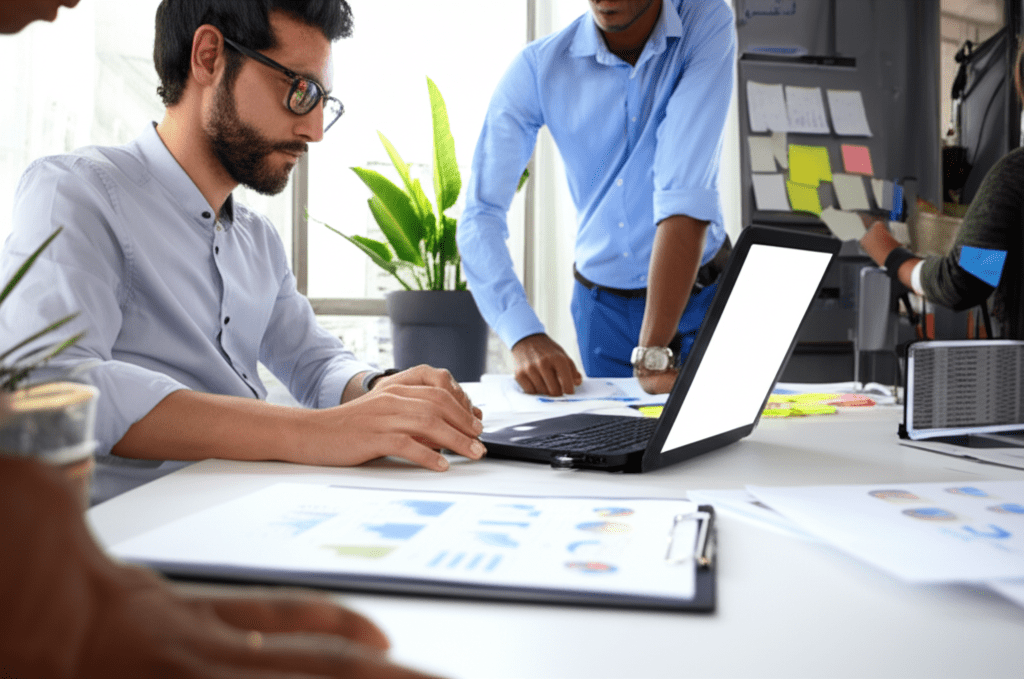 A diverse group of professionals collaborating in a modern office, symbolizing technology leadership and fractional CTO services for startups and SMEs.