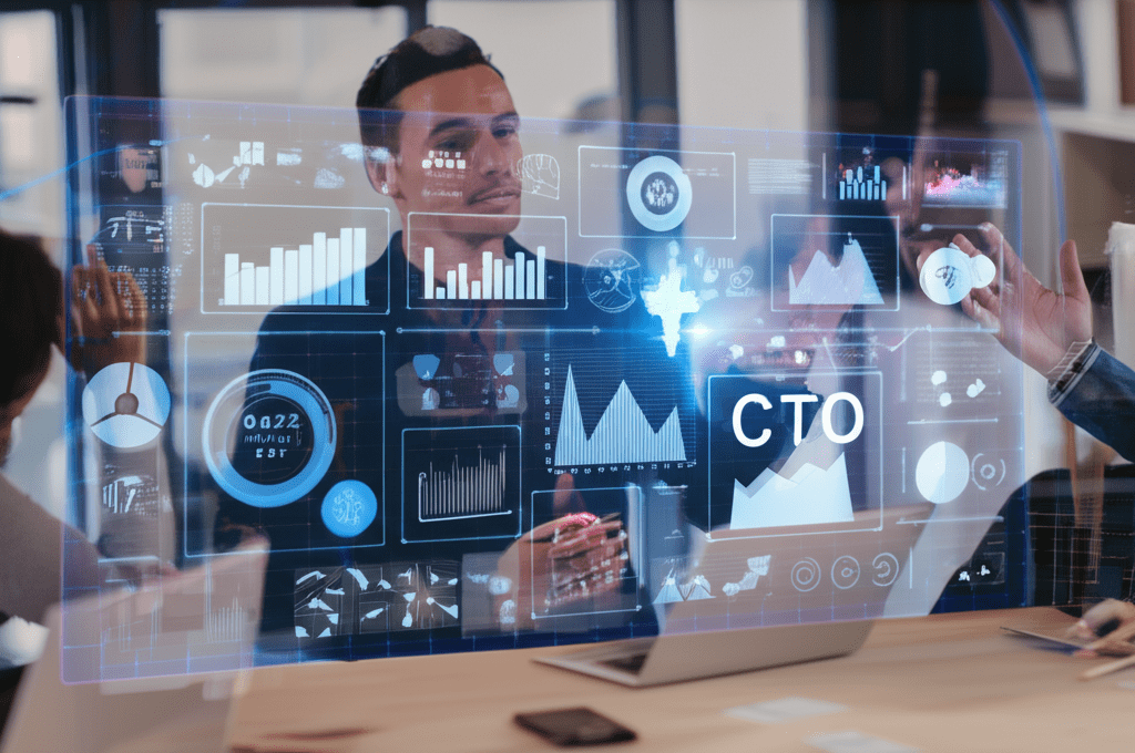 A professional business setting showing a diverse group of startup founders and a fractional CTO discussing technology strategy, with digital charts and graphs in the background, modern office environment, bright and engaging atmosphere