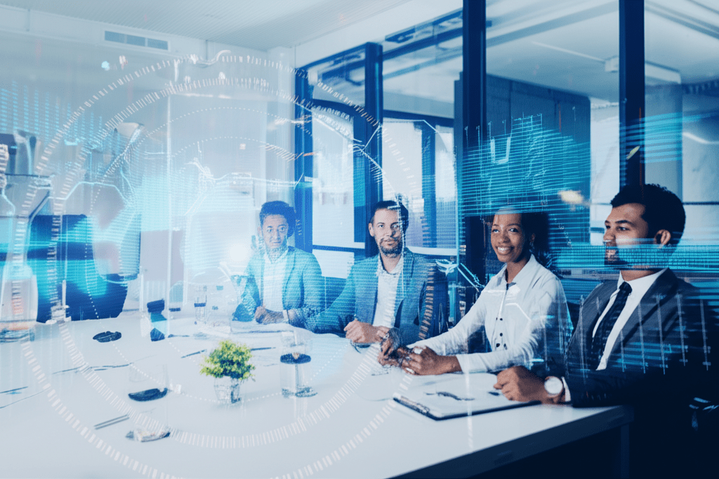 A diverse group of startup founders and a fractional CTO engaged in a strategic technology discussion in a modern office setting with a digital futuristic background.