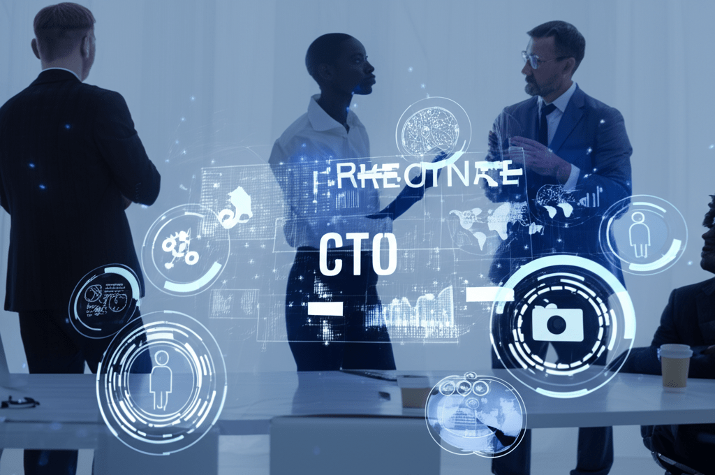 A diverse group of professionals collaborating in a modern office with digital technology elements, representing fractional CTO recruitment and tech leadership.