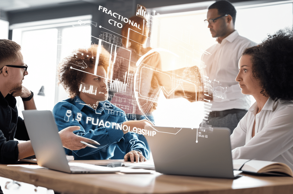 A diverse group of startup and SME professionals collaborating with a fractional CTO in a modern office, symbolizing technology leadership and strategic teamwork