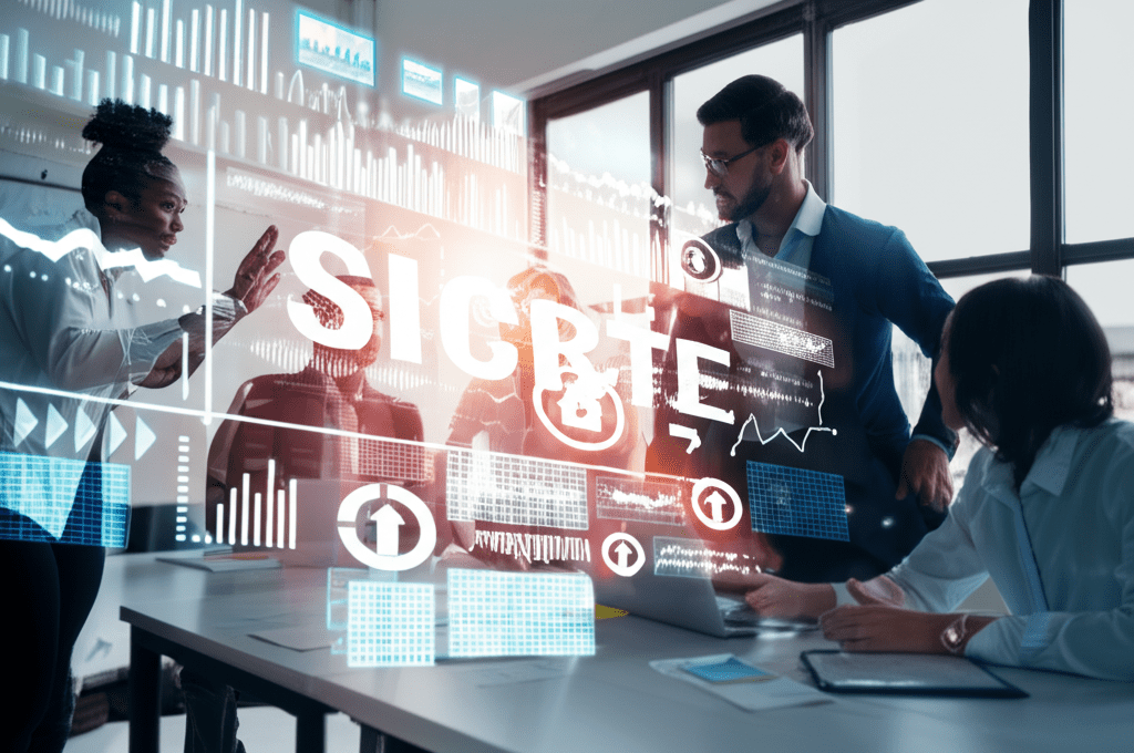 A diverse group of startup and SME leaders collaborating with a fractional CTO in a modern office, symbolizing technology strategy and leadership.