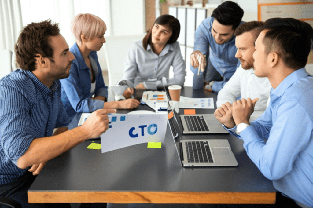 A professional business setting showing a diverse group of startup founders and a fractional CTO discussing equity compensation models, with charts and laptops on the table, modern office environment, vibrant and engaging atmosphere