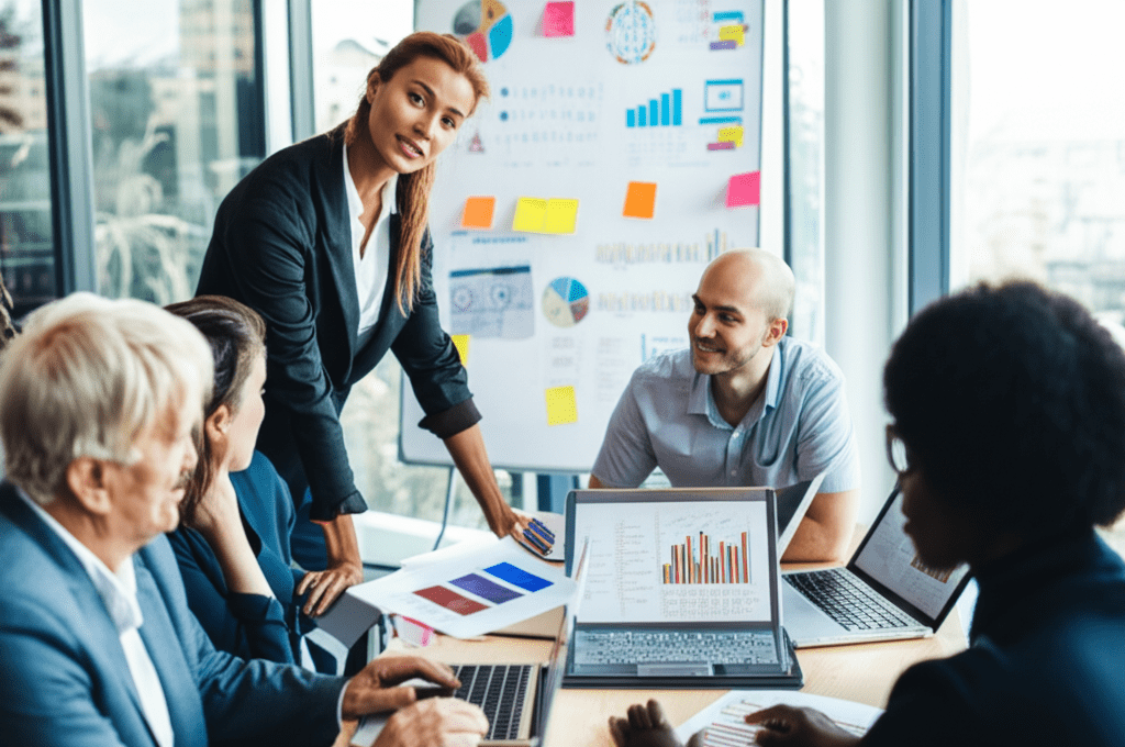A modern startup office environment with a diverse group of professionals collaborating on technology strategy, featuring a confident fractional CTO leading discussions, laptops, digital devices, and an innovative, energetic atmosphere symbolizing growth, technology leadership, and innovation