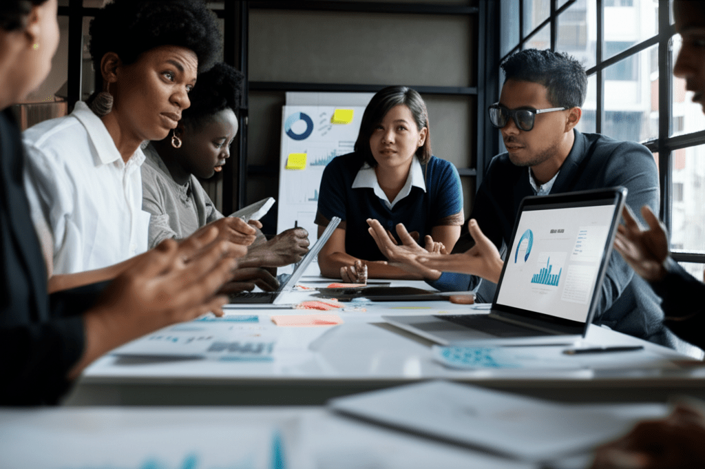 A diverse group of startup founders and a fractional CTO collaborating in a modern office, discussing technology strategy with laptops and digital devices.