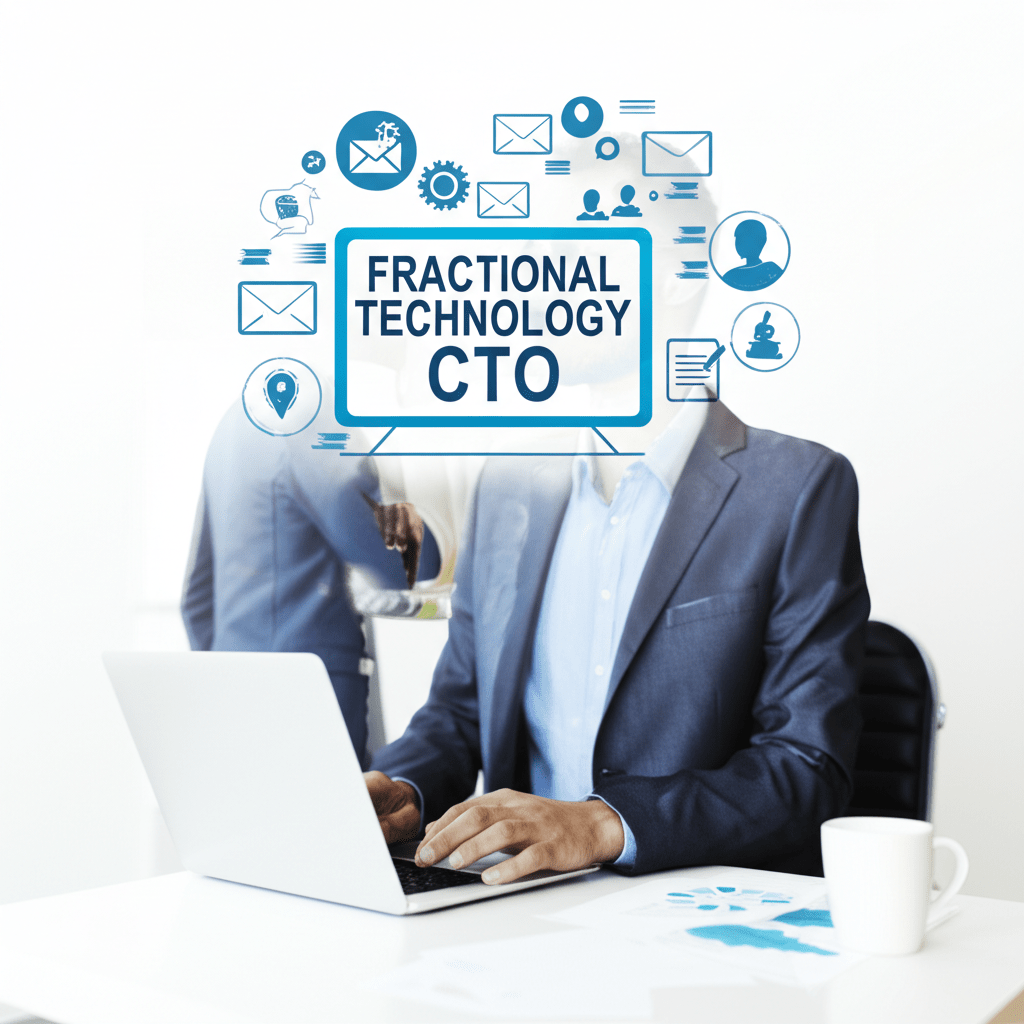 Diverse technology leaders collaborating in a modern office, symbolizing fractional, interim, and part-time CTO roles with elements of strategy and innovation
