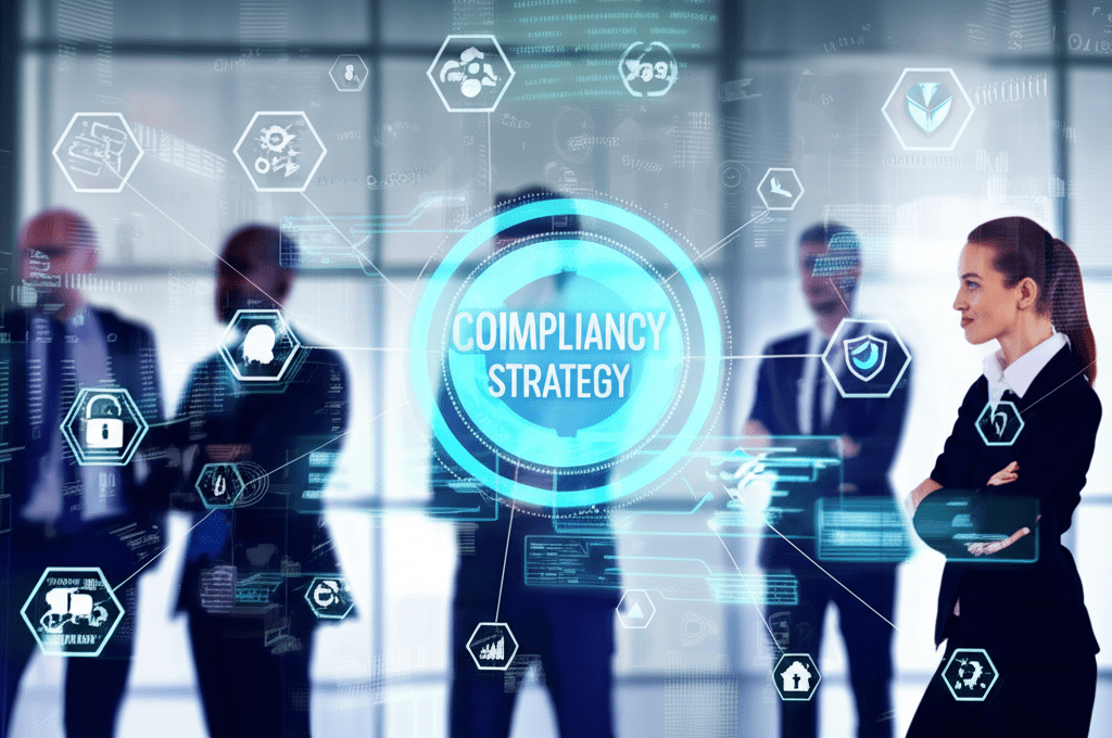A diverse group of technology leaders collaborating in a professional business setting with digital futuristic interface overlays representing compliance, innovation, and technology strategy in regulated industries like healthcare and finance.