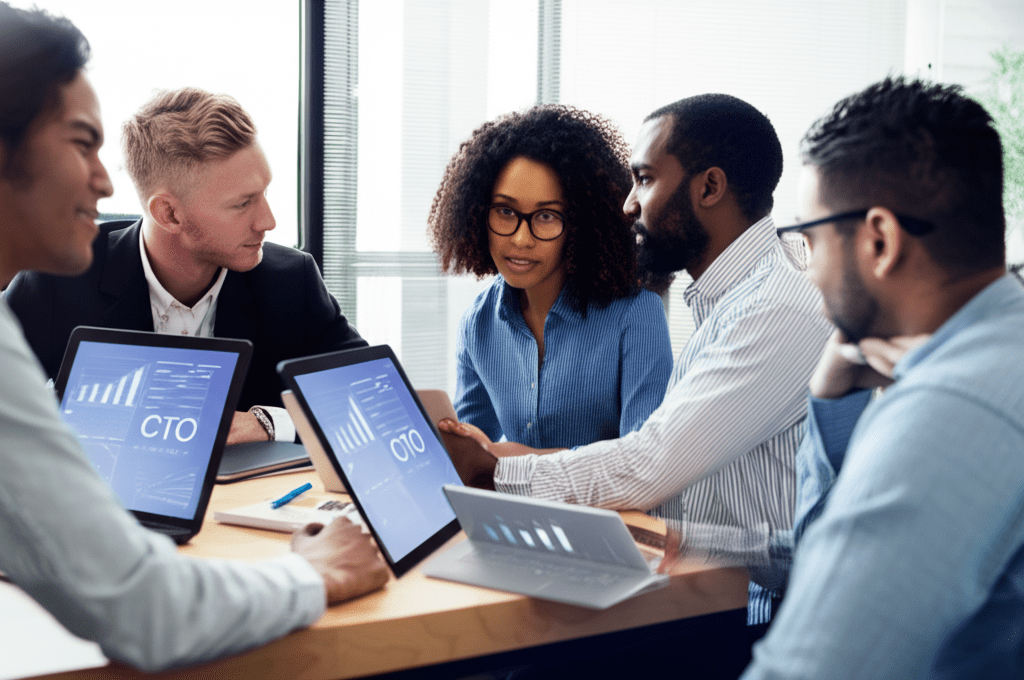 A diverse group of startup founders and a fractional CTO discussing technology strategy in a modern office environment with laptops and digital devices.