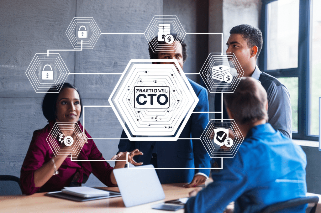 A diverse group of startup founders and a fractional CTO discussing technology strategy in a modern office with digital equity and growth icons in the background