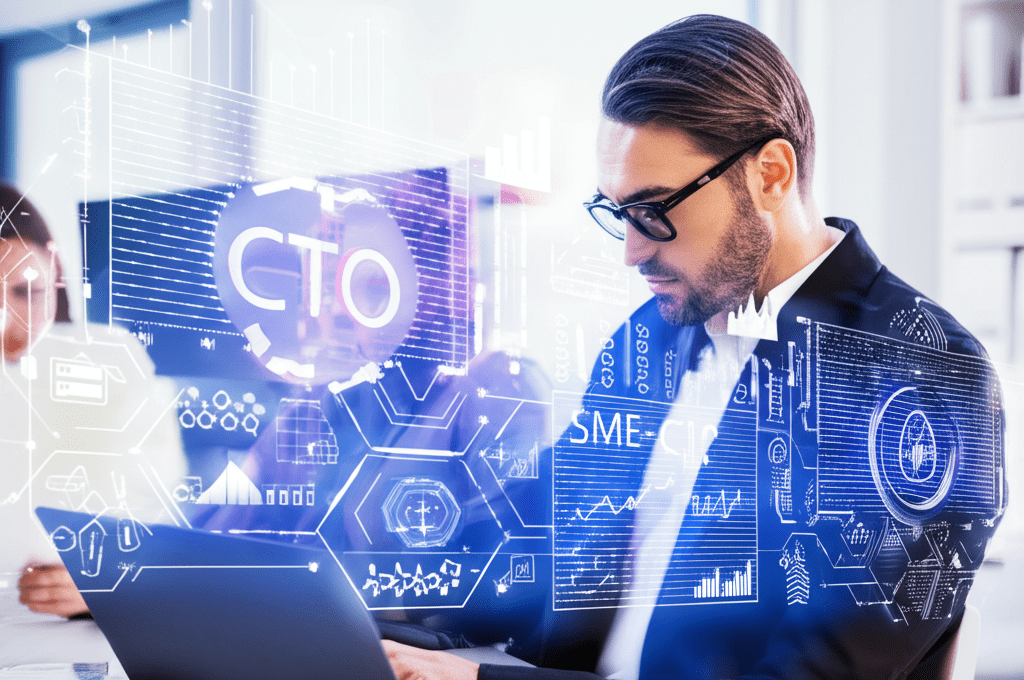 A diverse group of startup and SME leaders collaborating with a fractional CTO in a modern office, symbolizing technology leadership, innovation, and digital transformation.