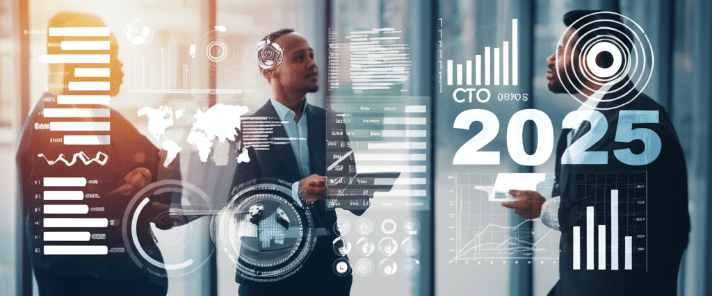 Diverse technology leaders in a professional setting discussing strategy with digital graphs and global maps in the background, representing fractional CTO salary trends and regional insights in 2025