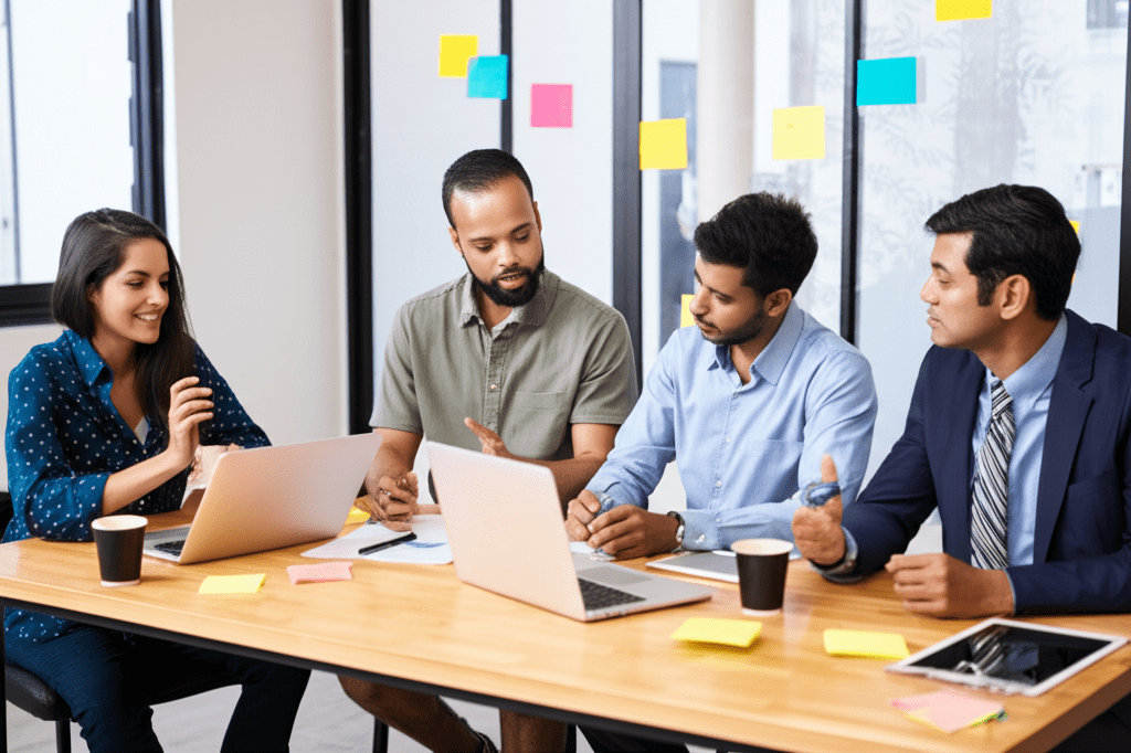 A diverse group of startup founders and a fractional CTO discussing technology strategy in a modern office setting with laptops and digital devices around a conference table.