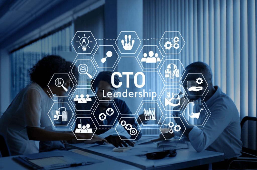 Diverse professional team discussing technology leadership in a modern office with digital technology icons representing fractional CTO roles and innovation