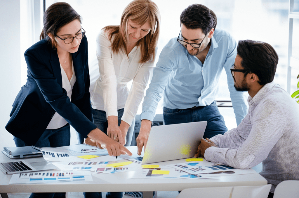 A diverse group of startup founders and a fractional CTO collaborating on technology strategy in a modern office setting with laptops and digital devices