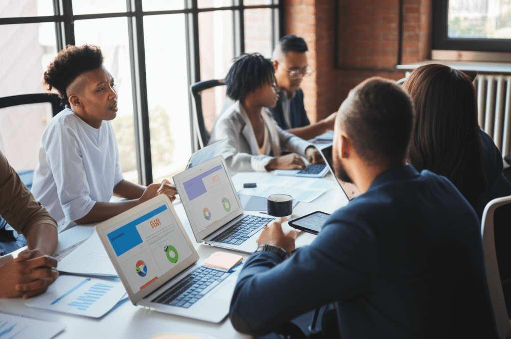 A diverse group of startup founders and a fractional CTO collaborating on technology strategy in a modern office environment