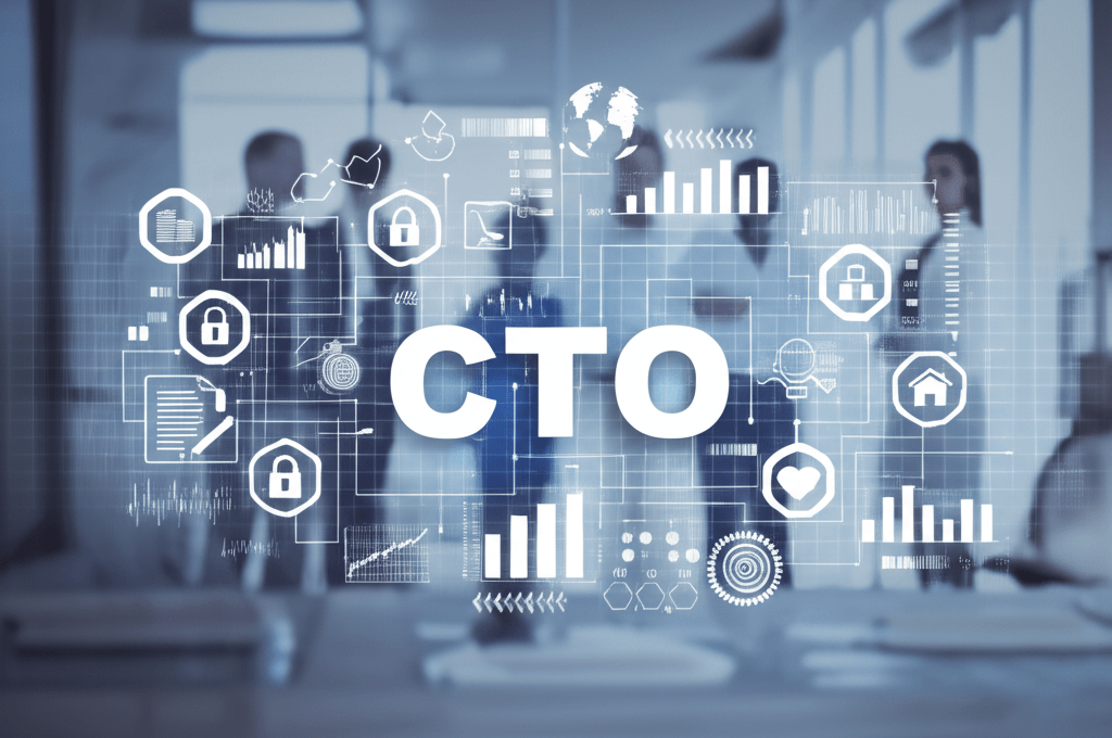 A diverse group of technology leaders collaborating in a modern office with compliance and regulatory symbols, representing fractional CTO roles in regulated industries like healthcare and finance.