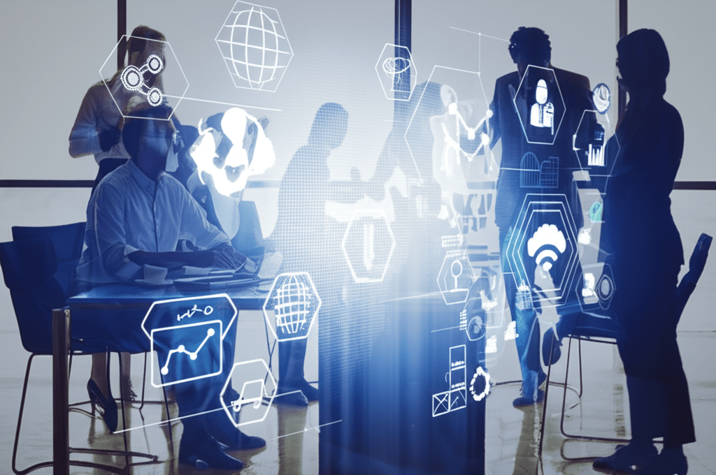 A diverse group of professionals in a business meeting discussing technology strategy with digital technology icons and abstract tech elements in the background, representing fractional CTO leadership and innovation in startups and SMEs