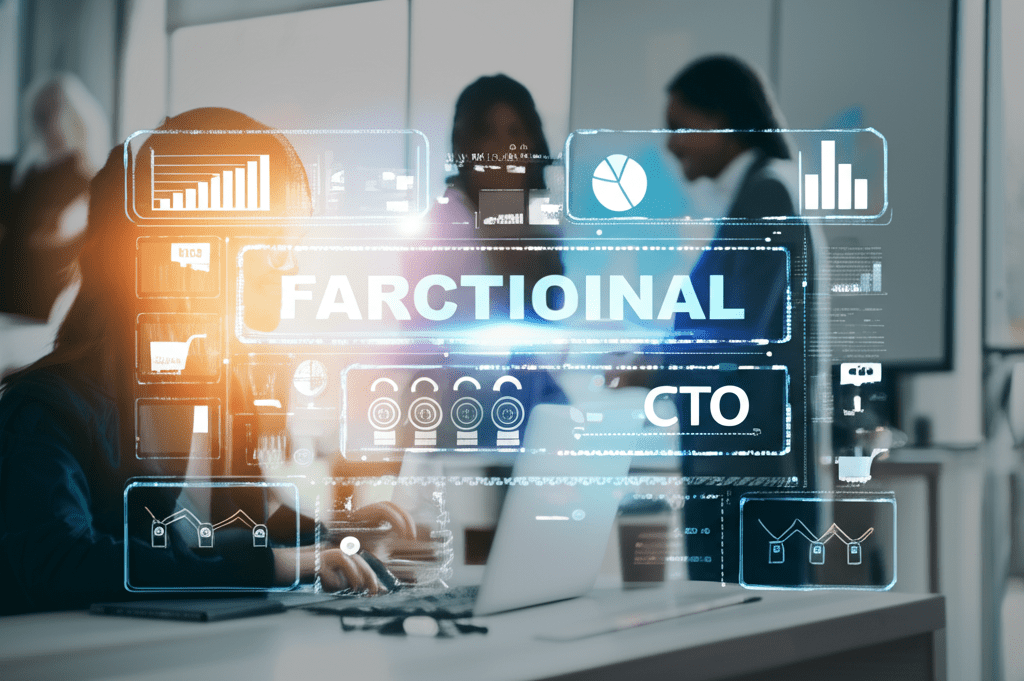 A professional startup office environment with diverse team members collaborating, a fractional CTO working on a laptop, modern technology and digital interface elements symbolizing equity and compensation, vibrant and dynamic atmosphere