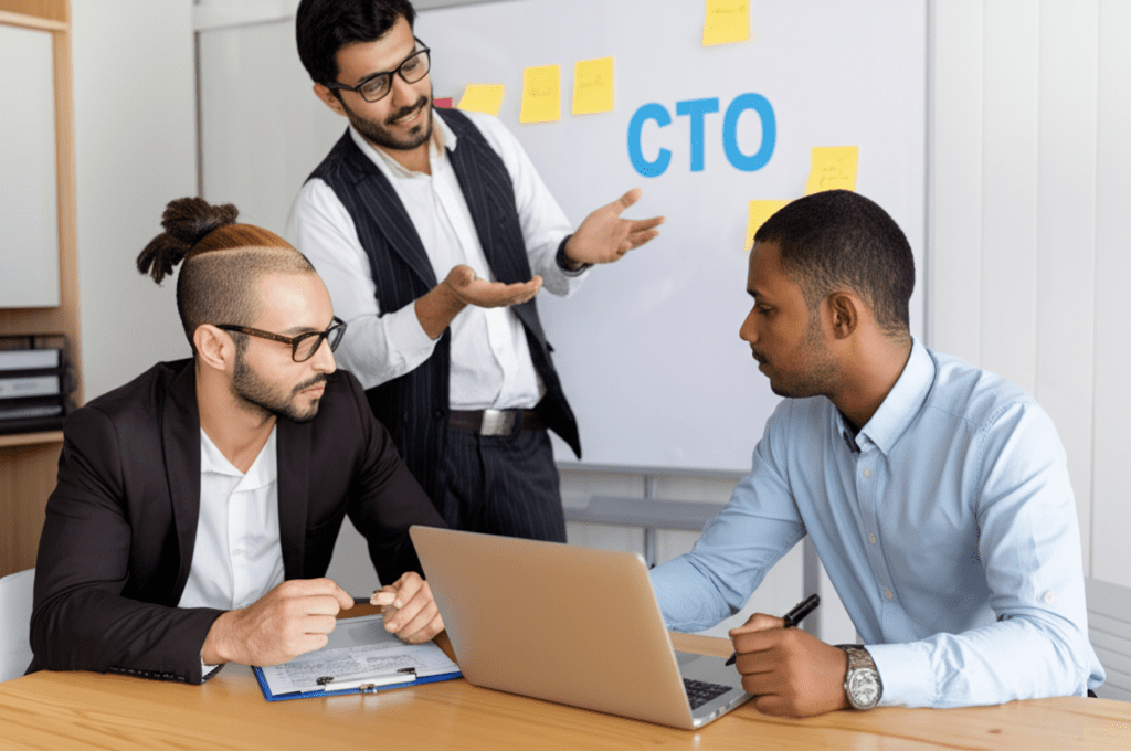 A professional business setting showing a fractional CTO working with startup founders, discussing technology strategy and equity compensation in a modern office environment with a diverse team and collaborative atmosphere