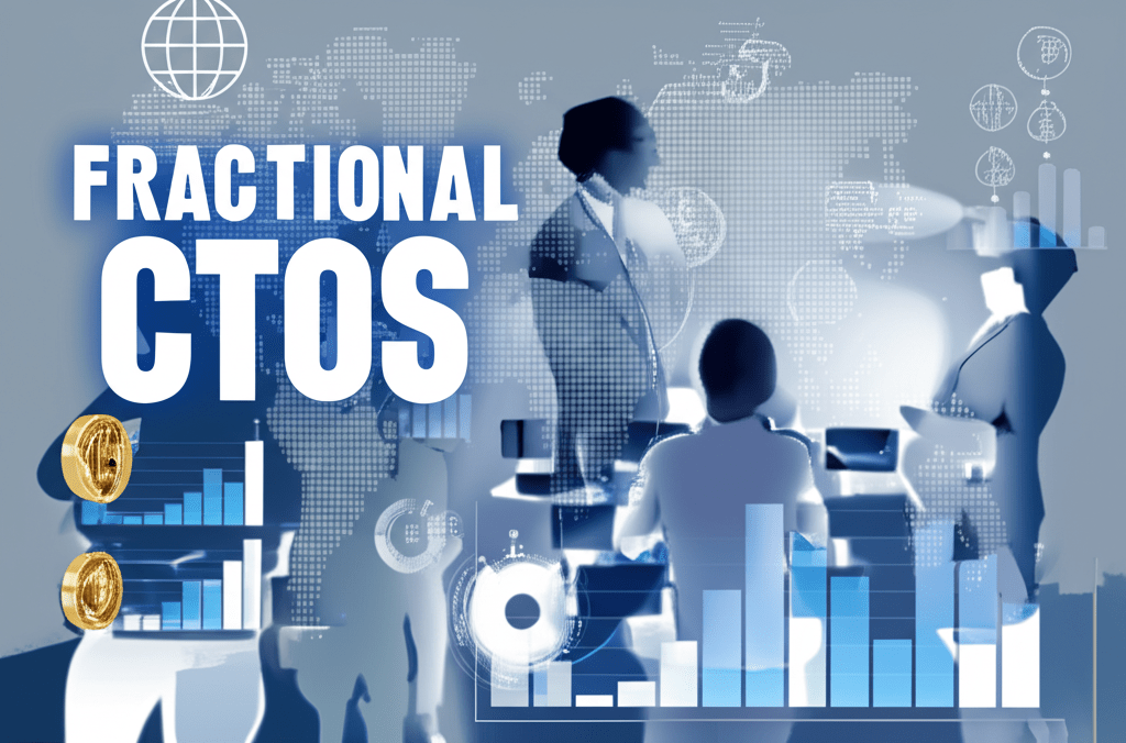 A professional business setting showing a diverse group of fractional CTOs and startup founders in discussion, with global digital salary charts and technology-themed elements in the background, symbolizing global salary trends, negotiation, and compensation models