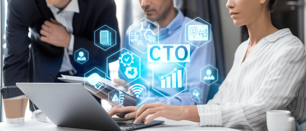 A professional startup office environment with diverse team members collaborating, a fractional CTO working on a laptop with digital equity and technology icons floating around, symbolizing fractional CTO equity compensation models in startups