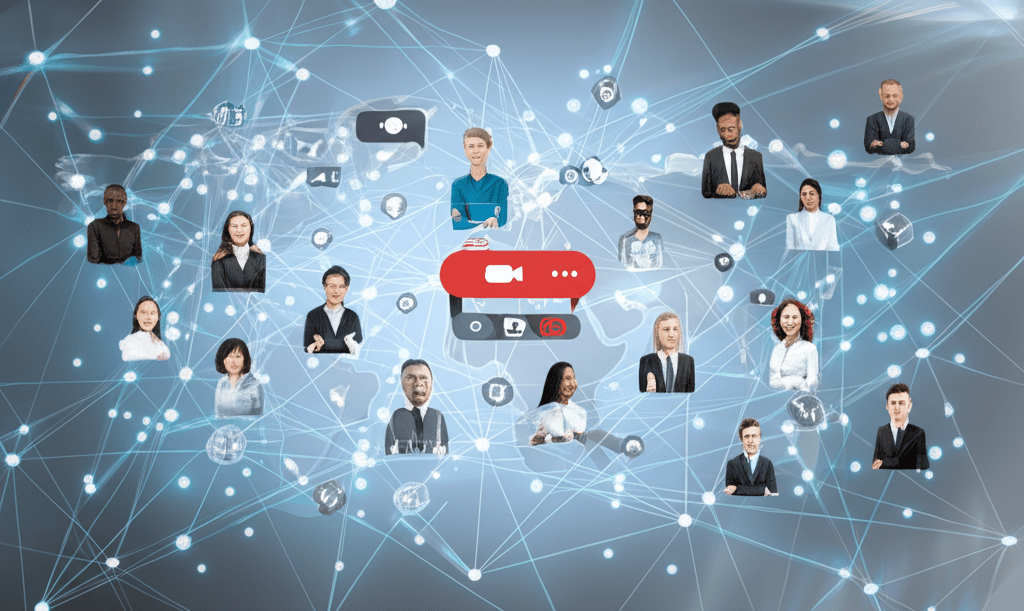 A diverse team of remote professionals collaborating on technology leadership via video call, with global digital network and connections overlay, symbolizing remote fractional CTO services and global tech innovation