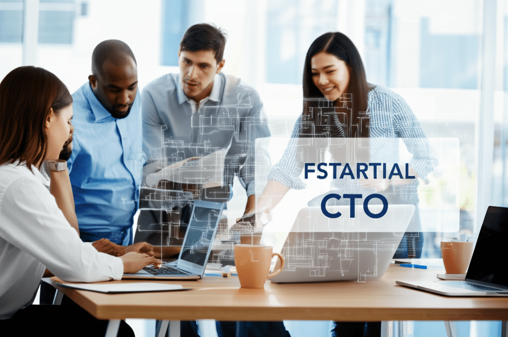A diverse group of startup founders and a fractional CTO collaborating on technology strategy in a modern office environment with laptops and digital devices